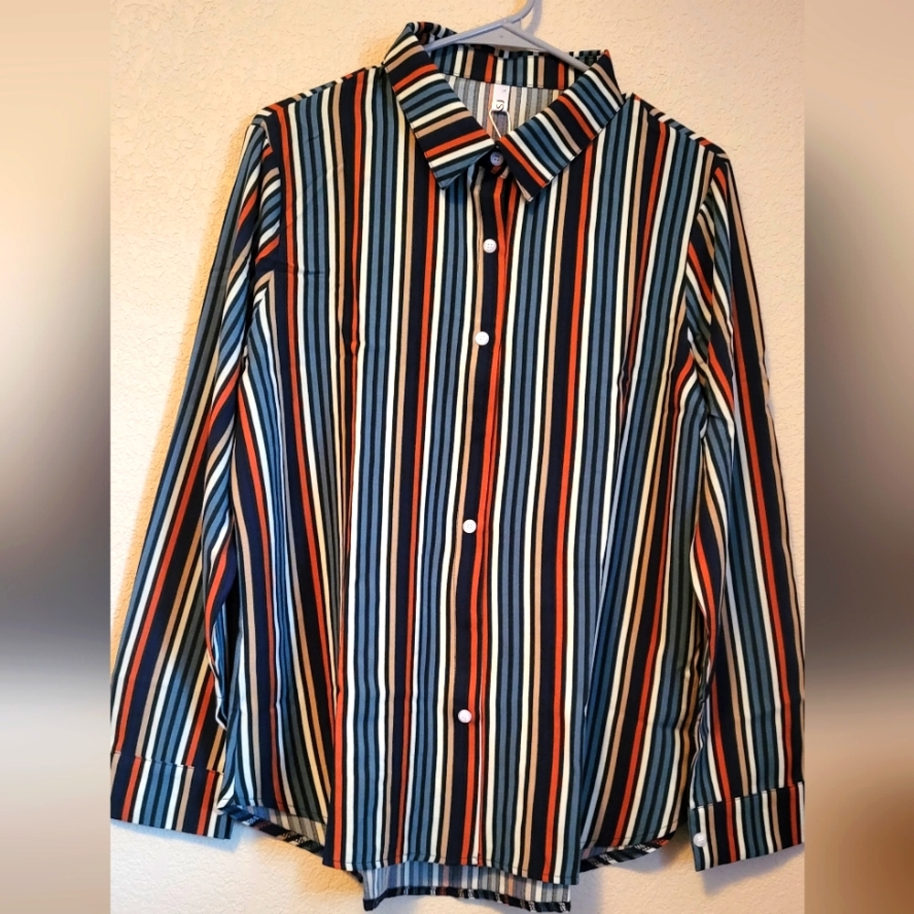 OMSJ Women Button Down Stripe Shirts L